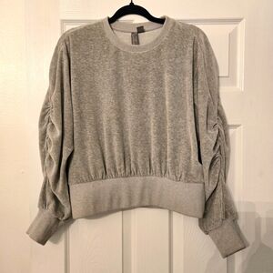 Sweaty Betty Retake Velour Gray Ruched Sleeve Sweatshirt
